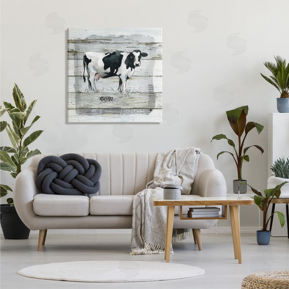 Carol Robinson Country Dairy Cow over Rustic Pattern Book Collage Canvas Wall Art in Room