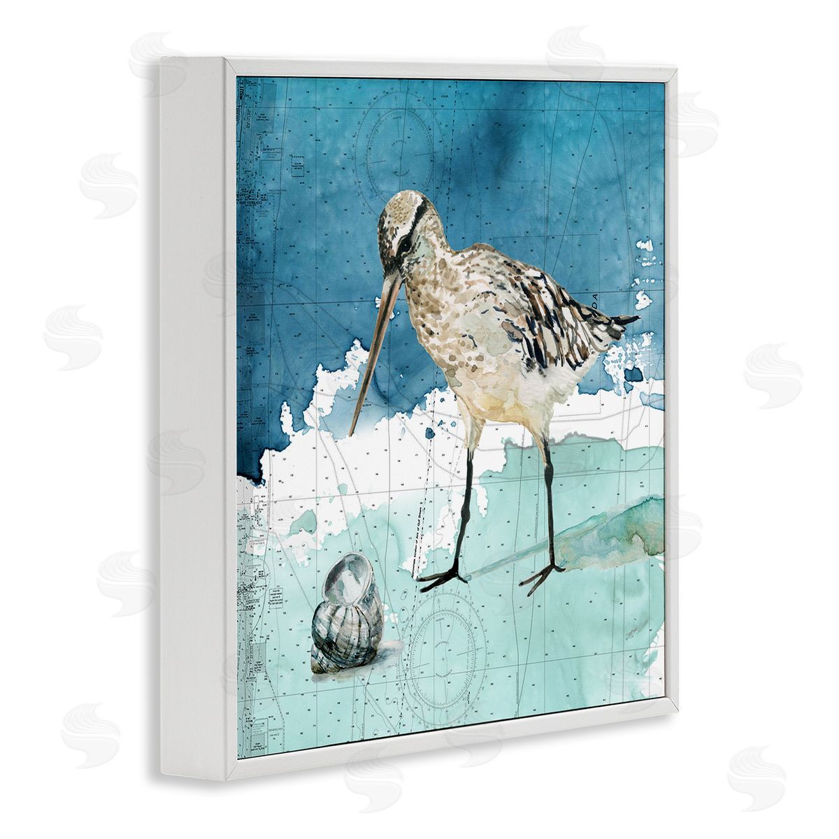 Carol Robinson Beach Bird Round Shell Blue Ocean Coastal Map White Framed Glicee Wall Art Print