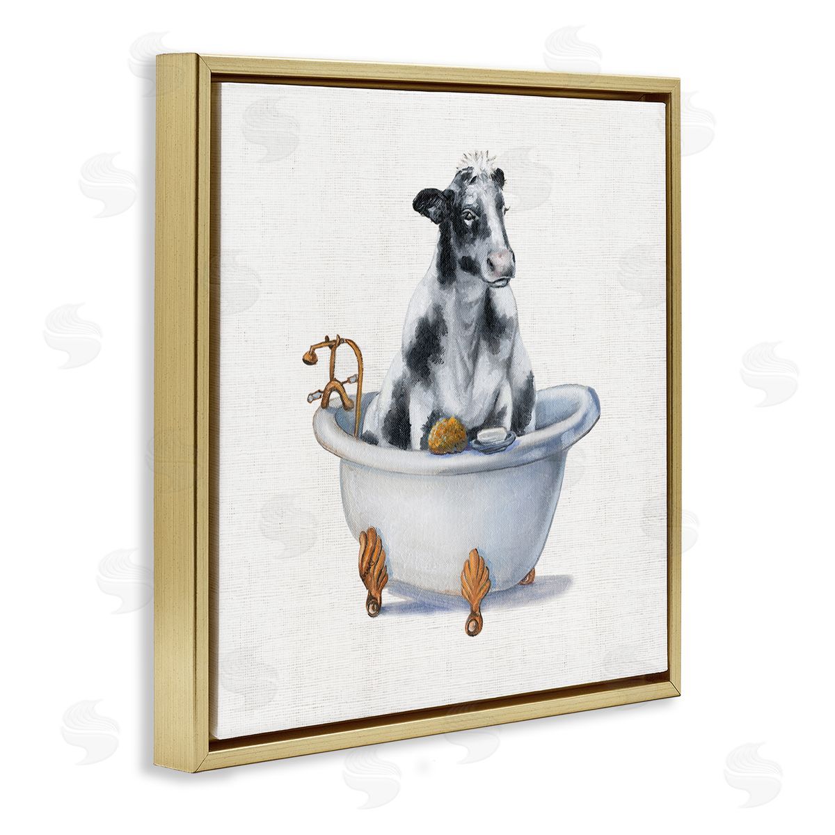Dairy Cow in Bathtub Gold Floating Frame Canvas Wall Art, Home Decor by Donna Brooks