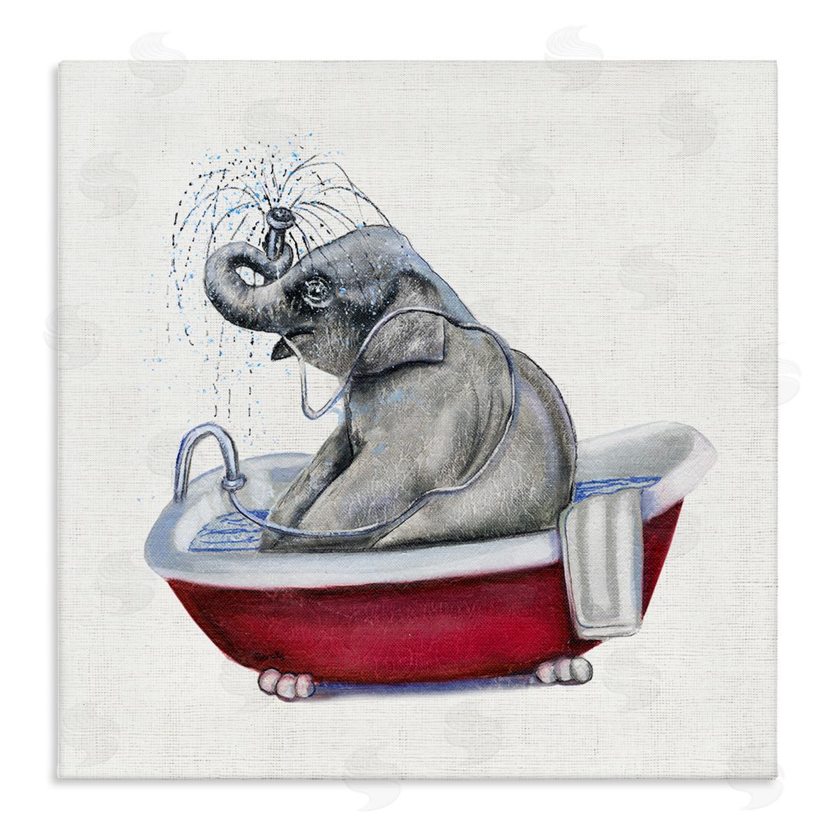 Donna Brooks Elephant in Red Bathtub Playful Safari Animal Stretched Canvas Wall Art Print