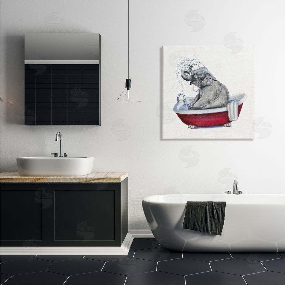 Donna Brooks Elephant in Red Bathtub Playful Safari Animal Canvas Wall Art in Room