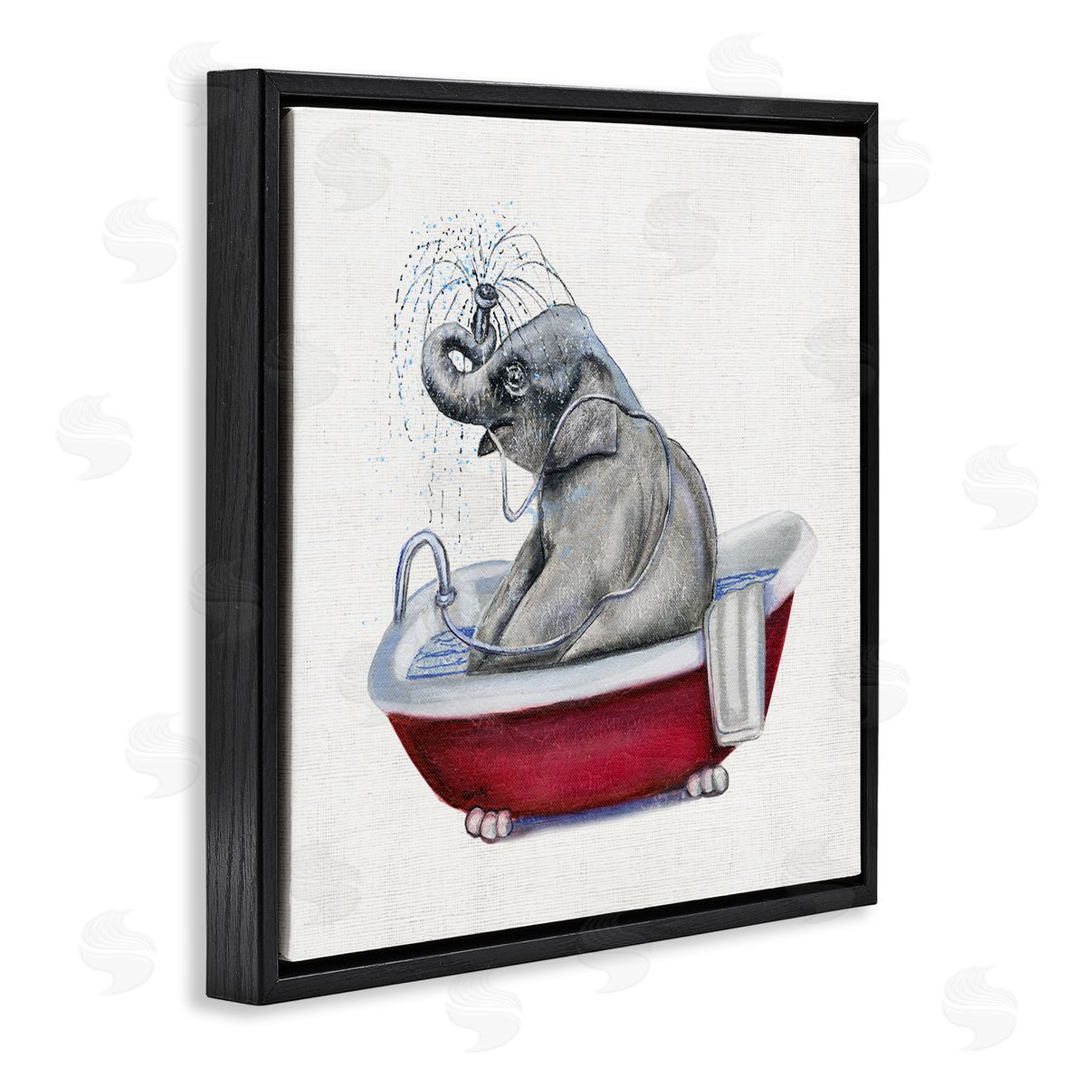Donna Brooks Elephant in Red Bathtub Playful Safari Animal Black Floating Frame Canvas Wall Art Print