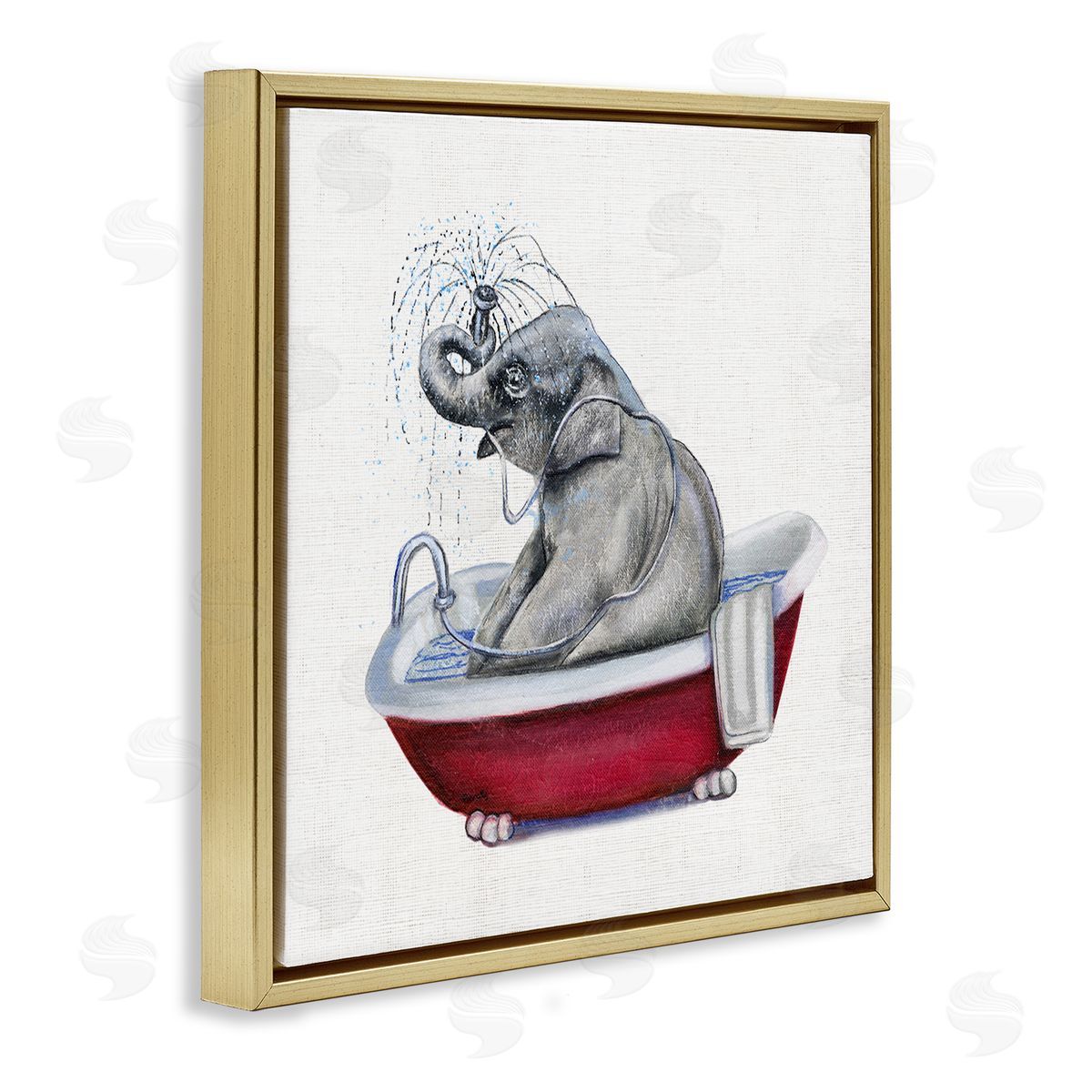 Donna Brooks Elephant in Red Bathtub Playful Safari Animal Gold Floating Frame Canvas Wall Art Print