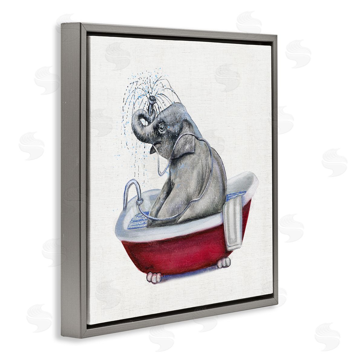Donna Brooks Elephant in Red Bathtub Playful Safari Animal Gray Floating Frame Canvas Wall Art Print