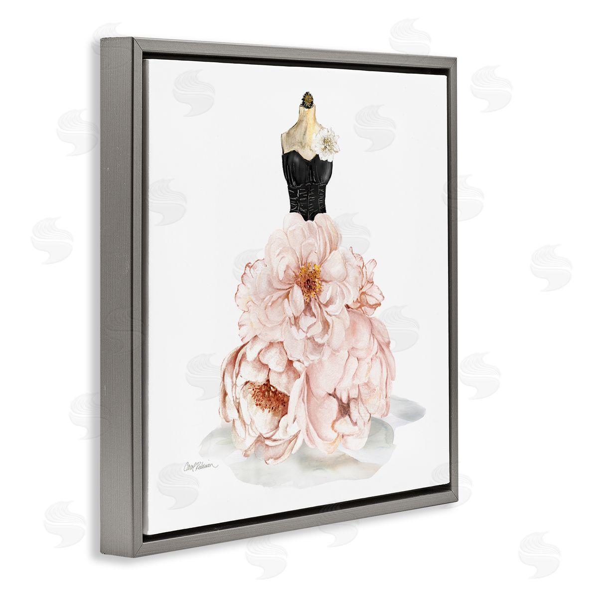 Pink Peonies Floral Dress Grey Floating Frame Canvas Wall Art, Home Decor by Carol Robinson