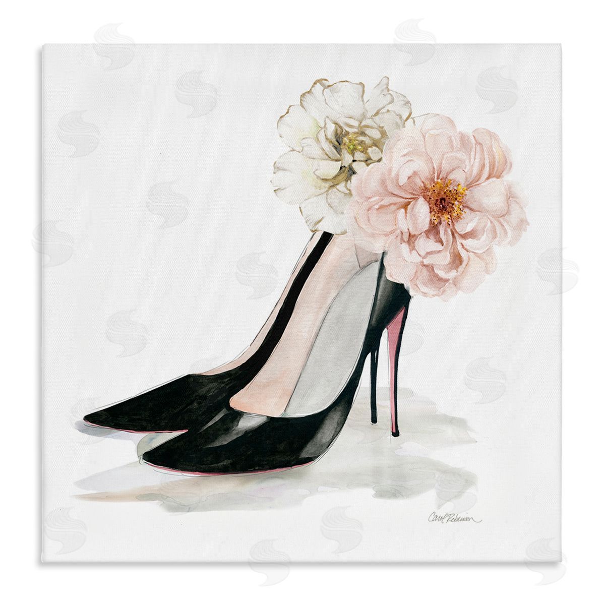 Carol Robinson Pink Floral Black Heels Chic Fashion Shoes Stretched Canvas Wall Art Print