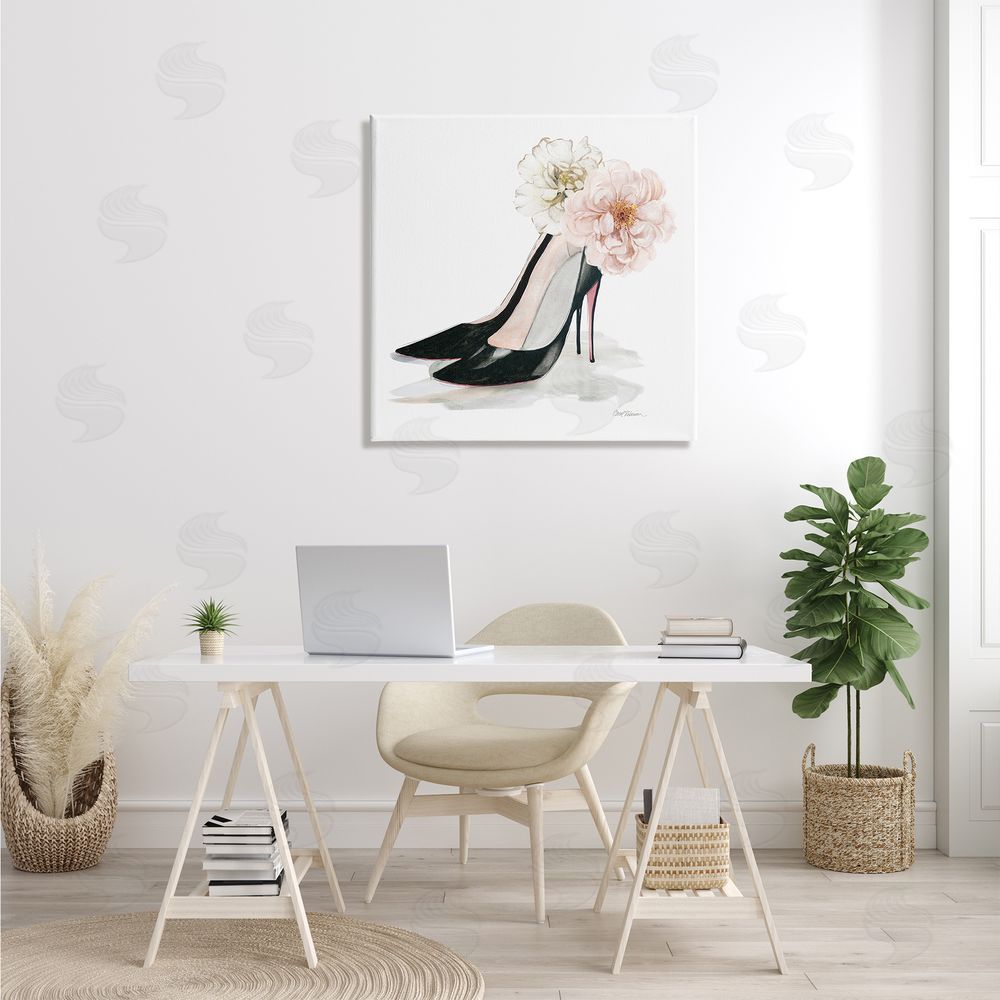 Carol Robinson Pink Floral Black Heels Chic Fashion Shoes Canvas Wall Art in Room