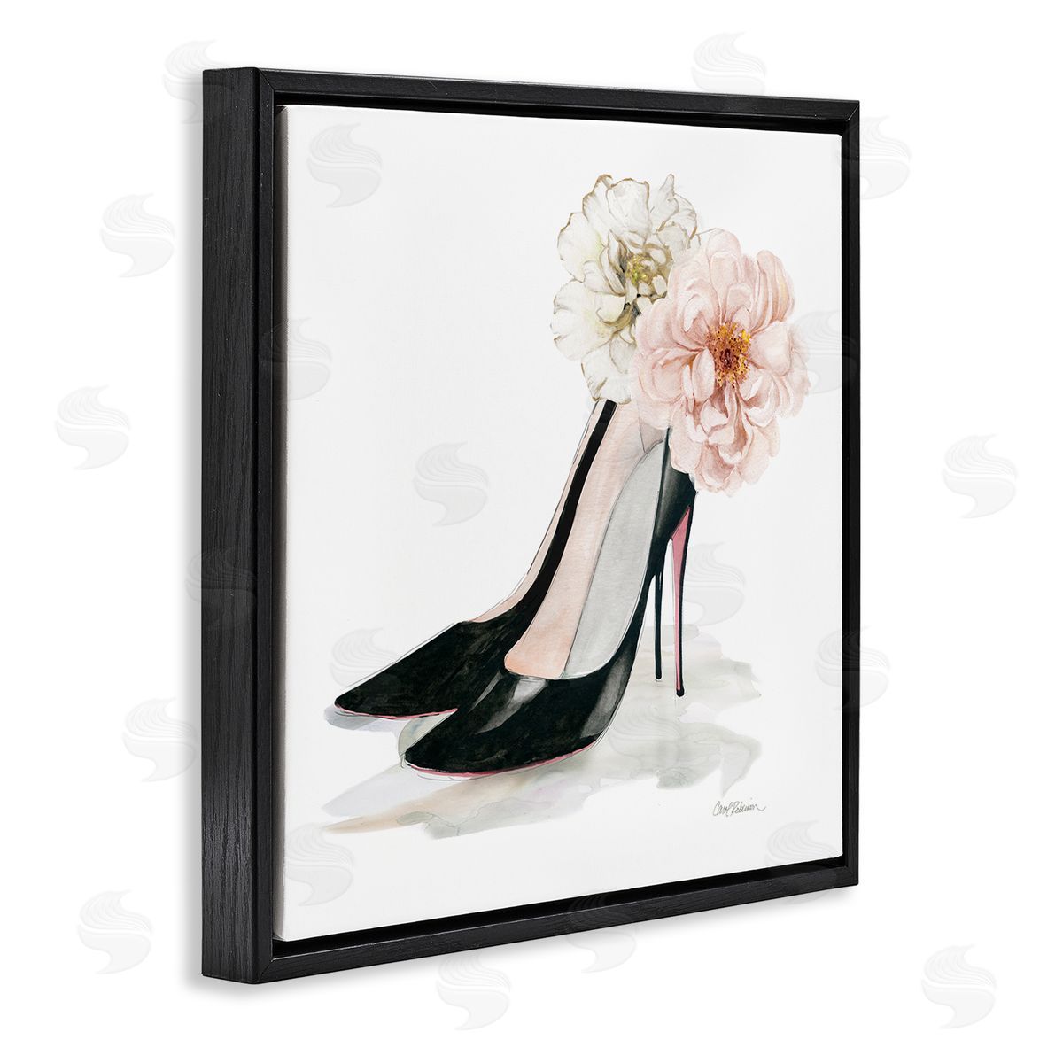 Carol Robinson Pink Floral Black Heels Chic Fashion Shoes Black Floating Frame Canvas Wall Art Print