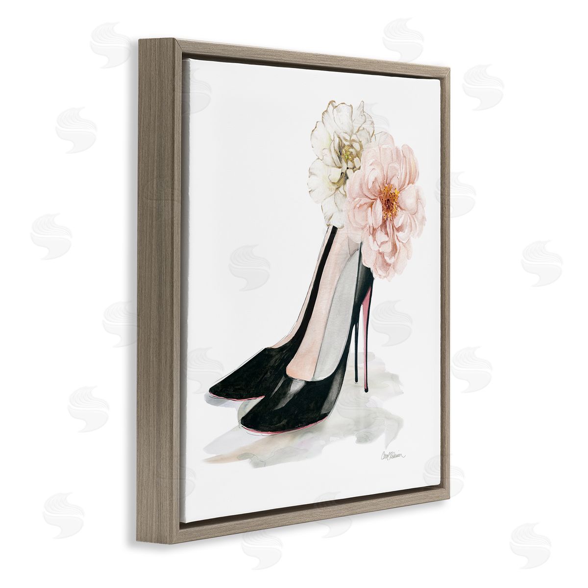Carol Robinson Pink Floral Black Heels Chic Fashion Shoes Brown Floating Frame Canvas Wall Art Print