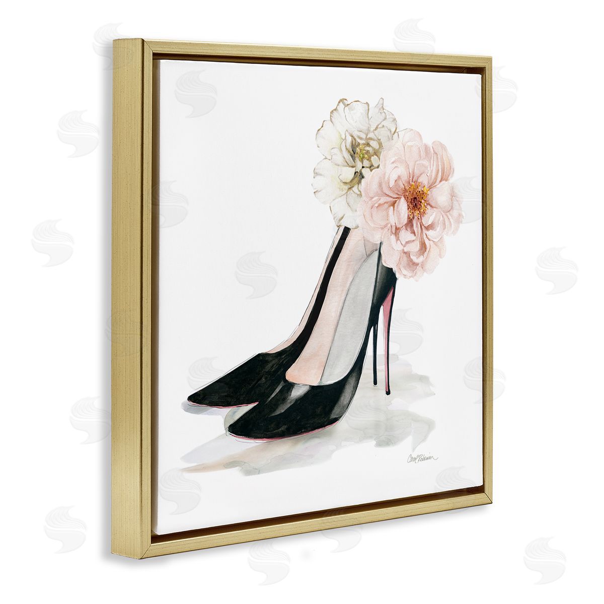 Carol Robinson Pink Floral Black Heels Chic Fashion Shoes Gold Floating Frame Canvas Wall Art Print