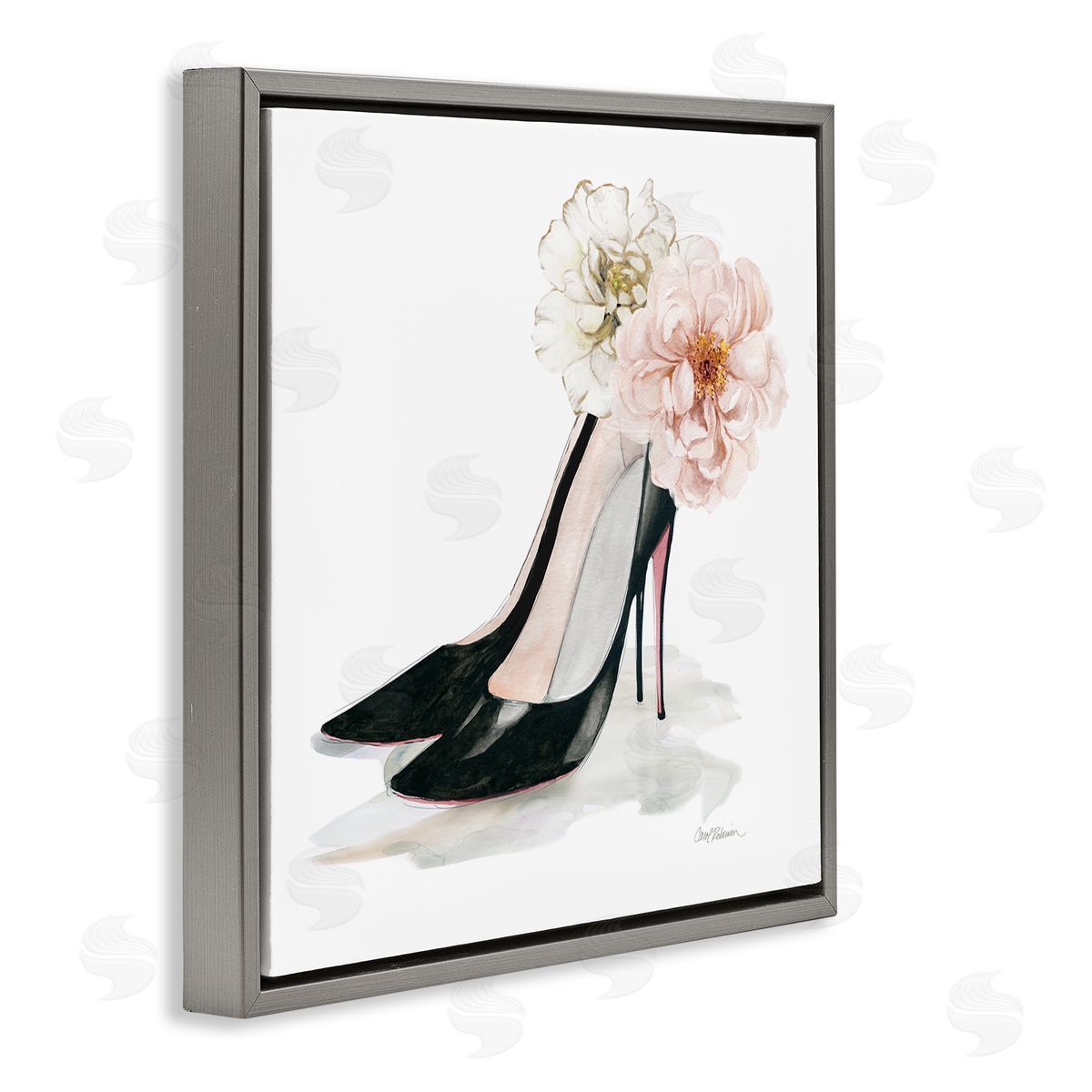 Carol Robinson Pink Floral Black Heels Chic Fashion Shoes Gray Floating Frame Canvas Wall Art Print