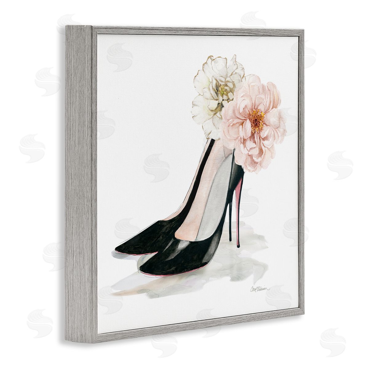 Carol Robinson Pink Floral Black Heels Chic Fashion Shoes Gray Framed Glicee Wall Art Print