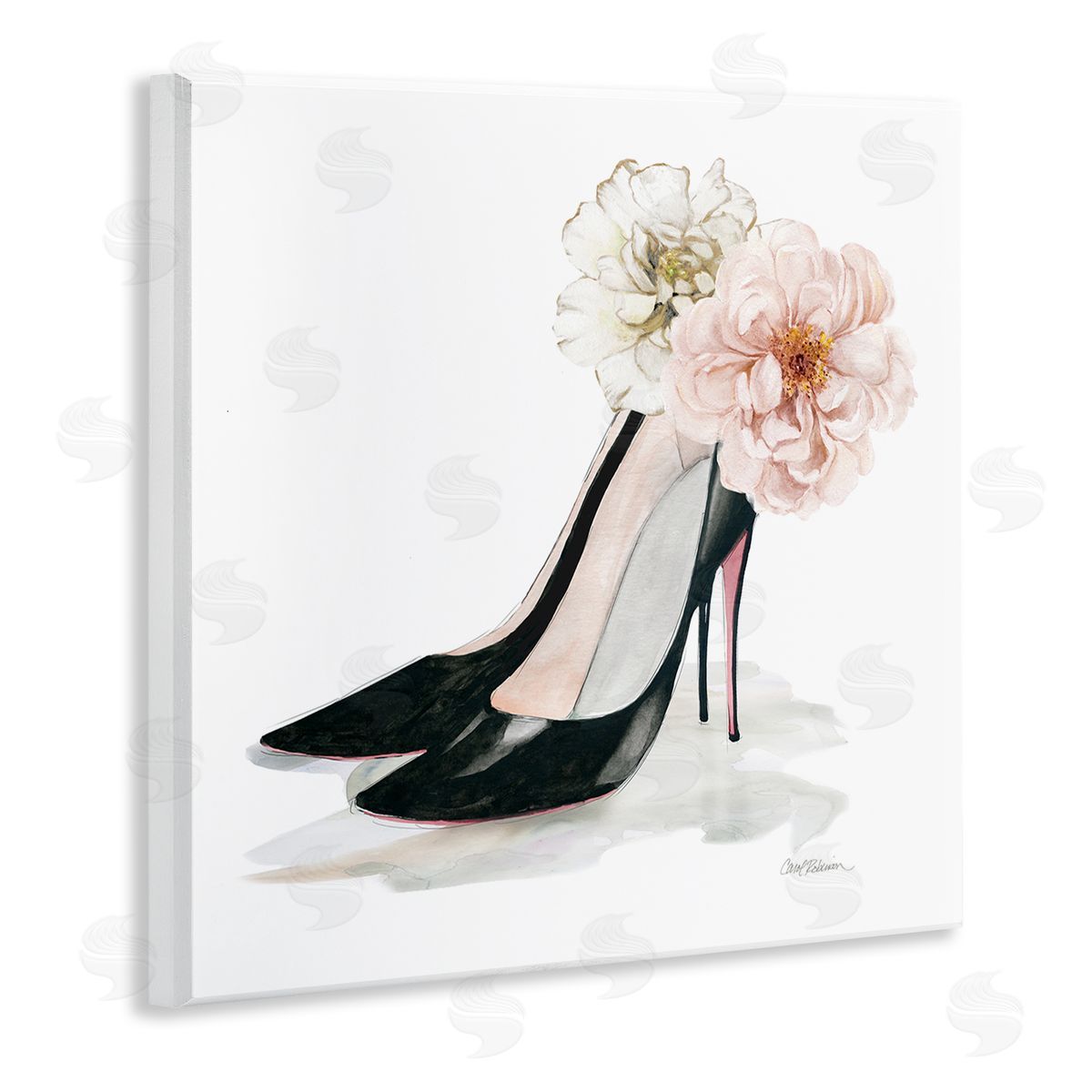 Carol Robinson Pink Floral Black Heels Chic Fashion Shoes Wooden Wall Plaque Art Print