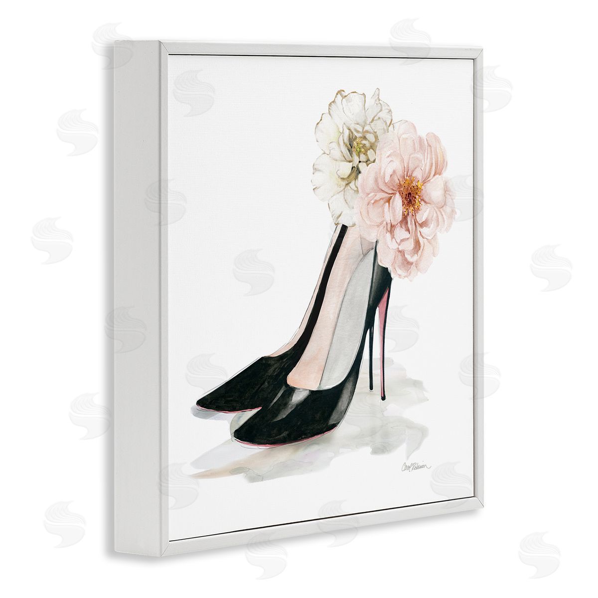 Carol Robinson Pink Floral Black Heels Chic Fashion Shoes White Framed Glicee Wall Art Print