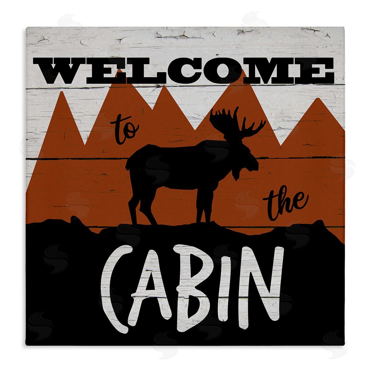 Katrina Craven Welcome To Cabin Phrase Rustic Moose Orange Mountains Stretched Canvas Wall Art Print