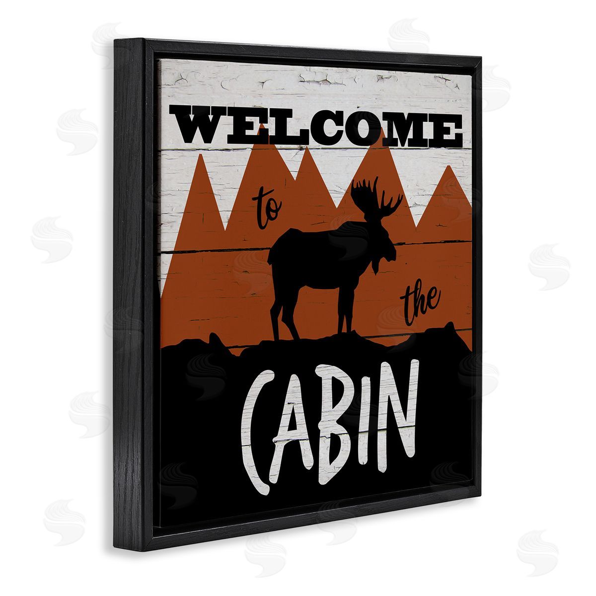 Katrina Craven Welcome To Cabin Phrase Rustic Moose Orange Mountains Black Floating Frame Canvas Wall Art Print