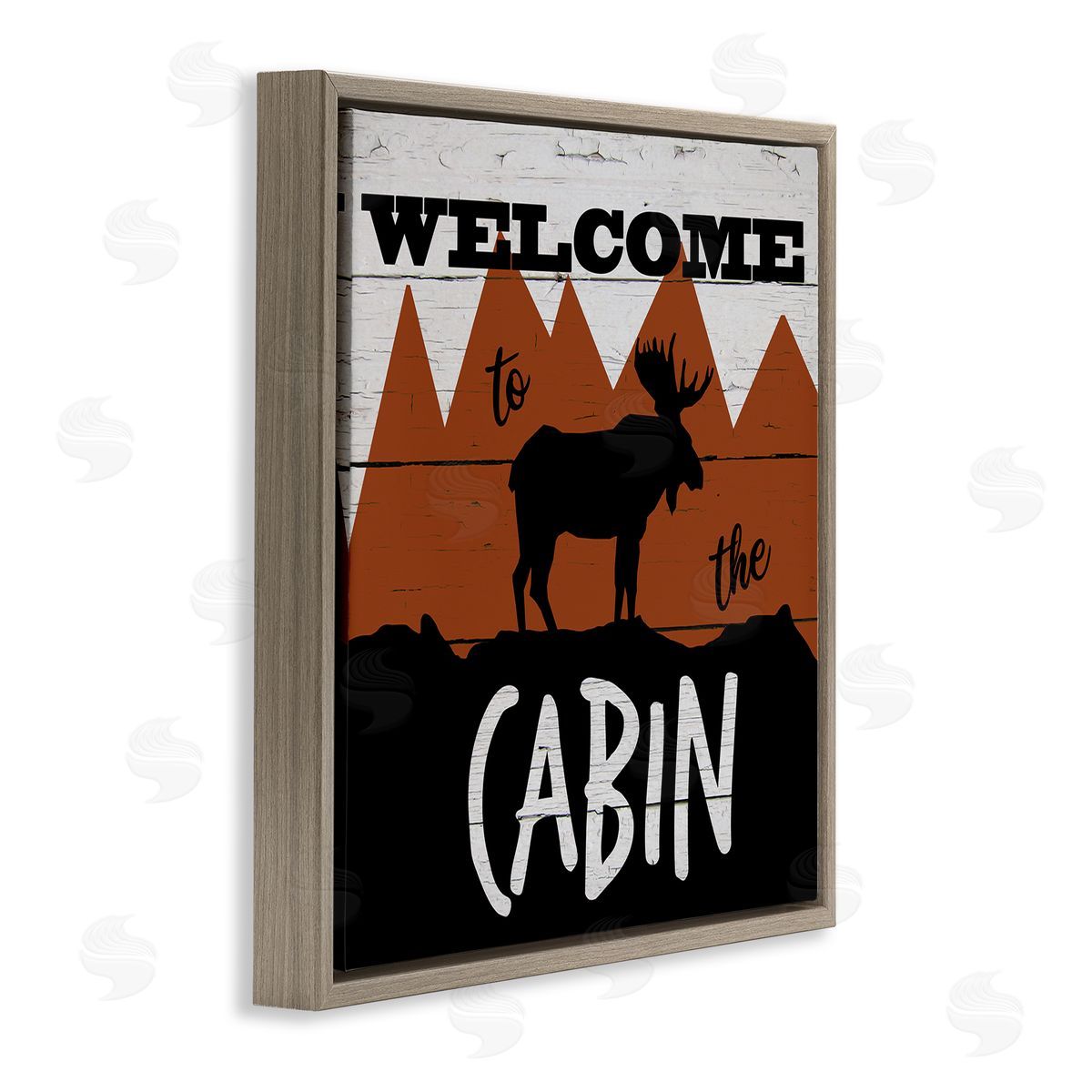Katrina Craven Welcome To Cabin Phrase Rustic Moose Orange Mountains Brown Floating Frame Canvas Wall Art Print