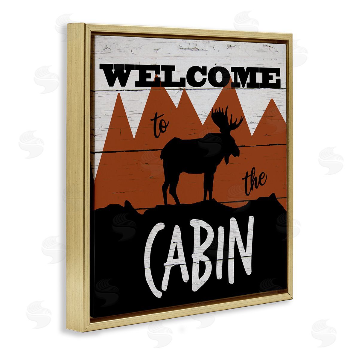 Katrina Craven Welcome To Cabin Phrase Rustic Moose Orange Mountains Gold Floating Frame Canvas Wall Art Print
