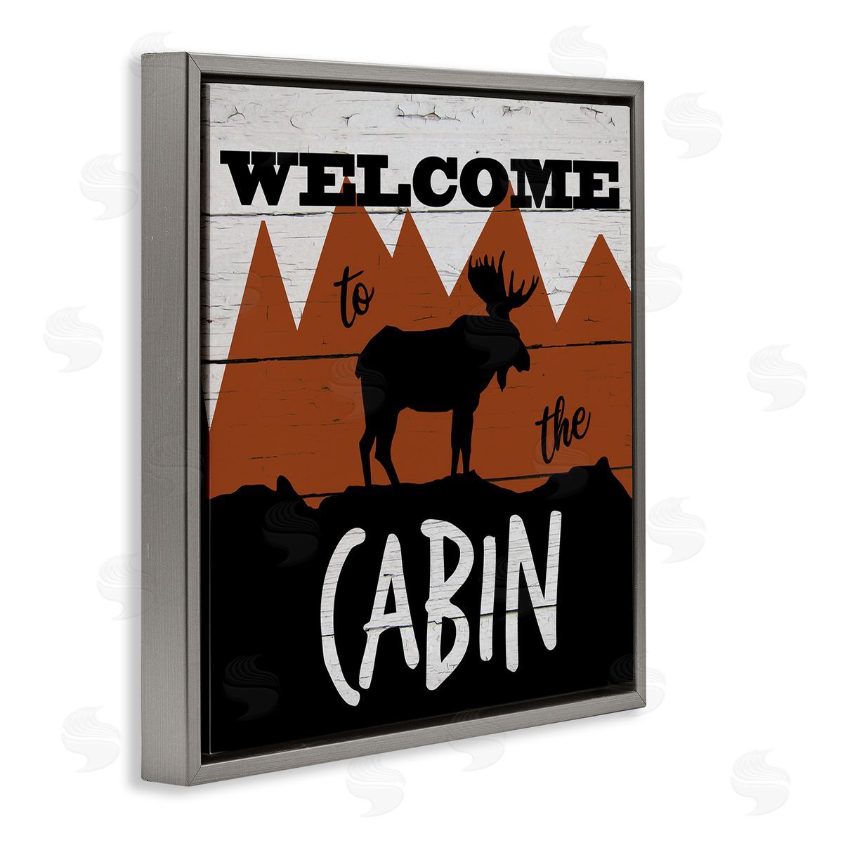 Katrina Craven Welcome To Cabin Phrase Rustic Moose Orange Mountains Gray Floating Frame Canvas Wall Art Print