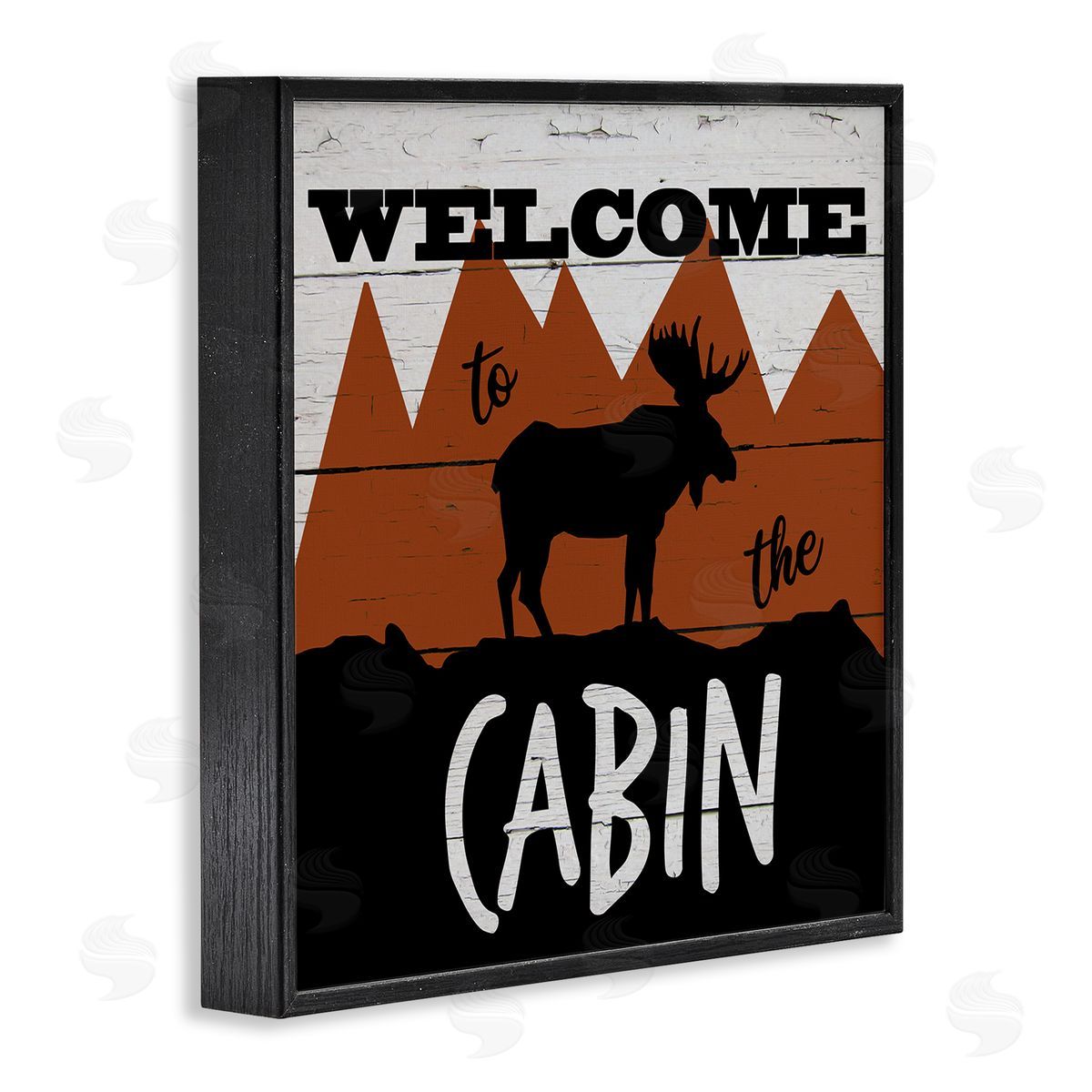 Katrina Craven Welcome To Cabin Phrase Rustic Moose Orange Mountains Black Framed Glicee Wall Art Print