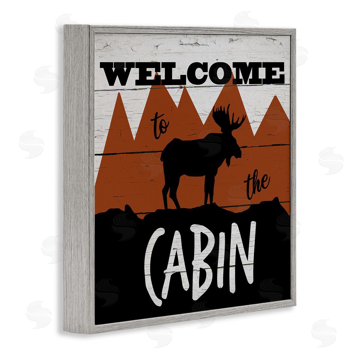 Katrina Craven Welcome To Cabin Phrase Rustic Moose Orange Mountains Gray Framed Glicee Wall Art Print