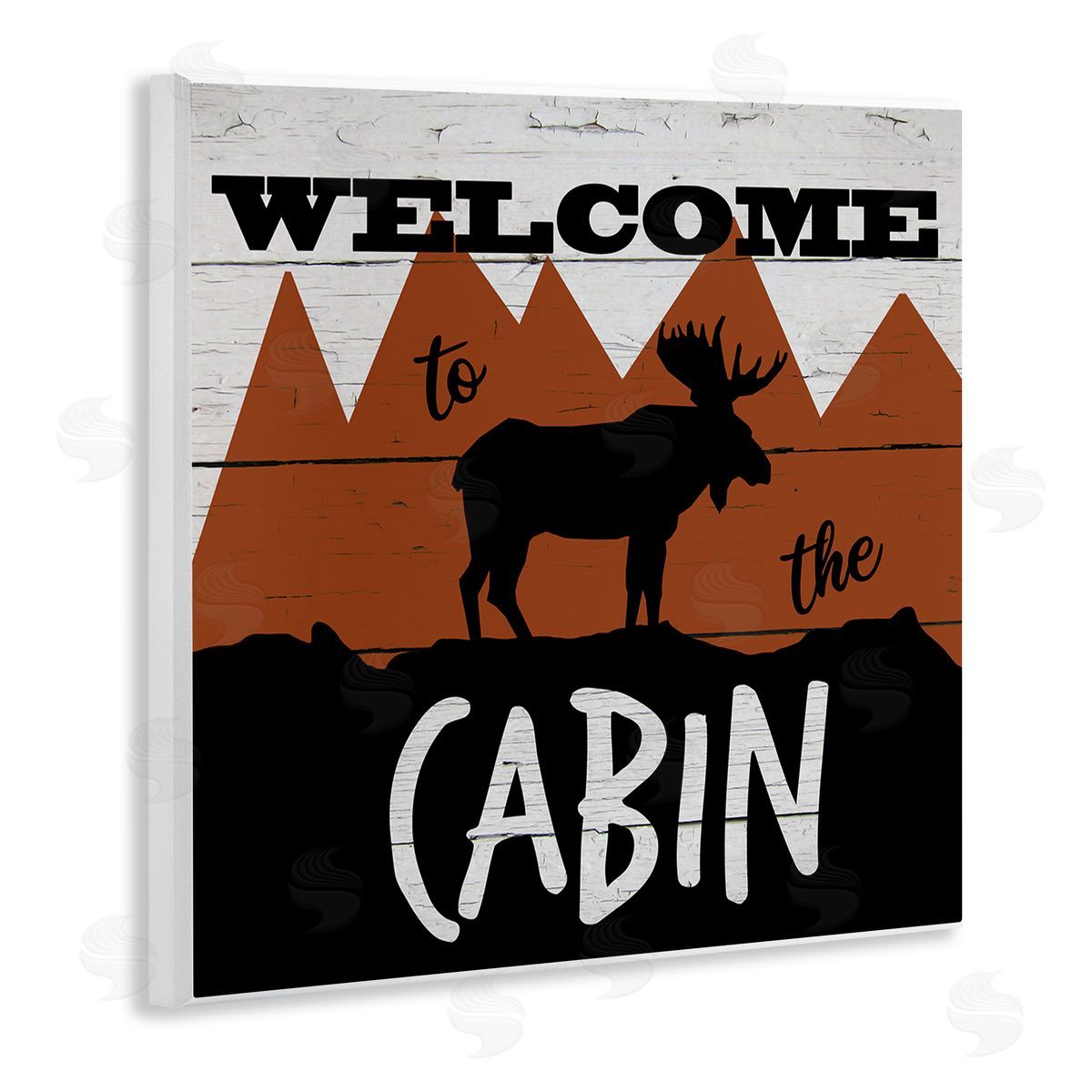 Katrina Craven Welcome To Cabin Phrase Rustic Moose Orange Mountains Wooden Wall Plaque Art Print