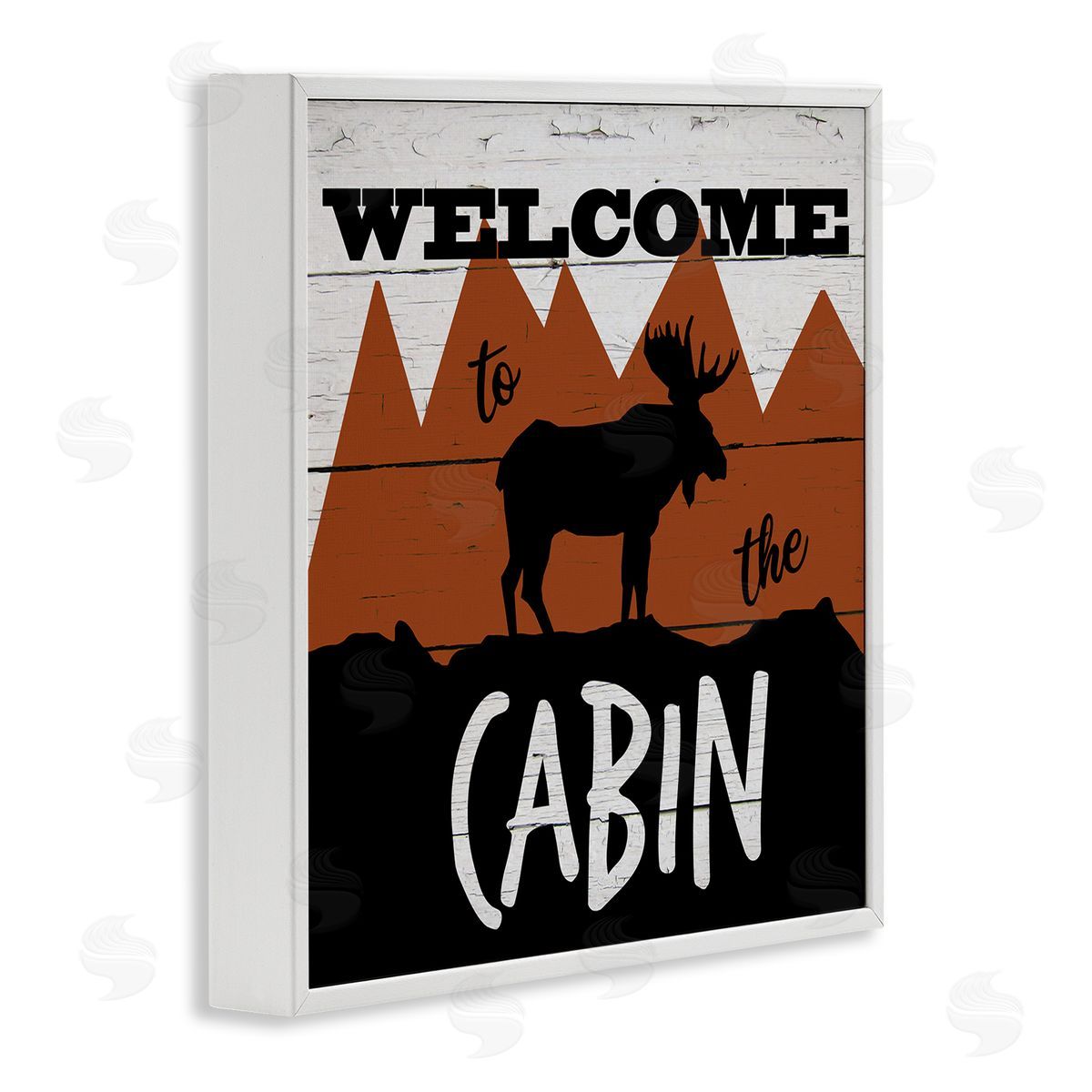 Katrina Craven Welcome To Cabin Phrase Rustic Moose Orange Mountains White Framed Glicee Wall Art Print