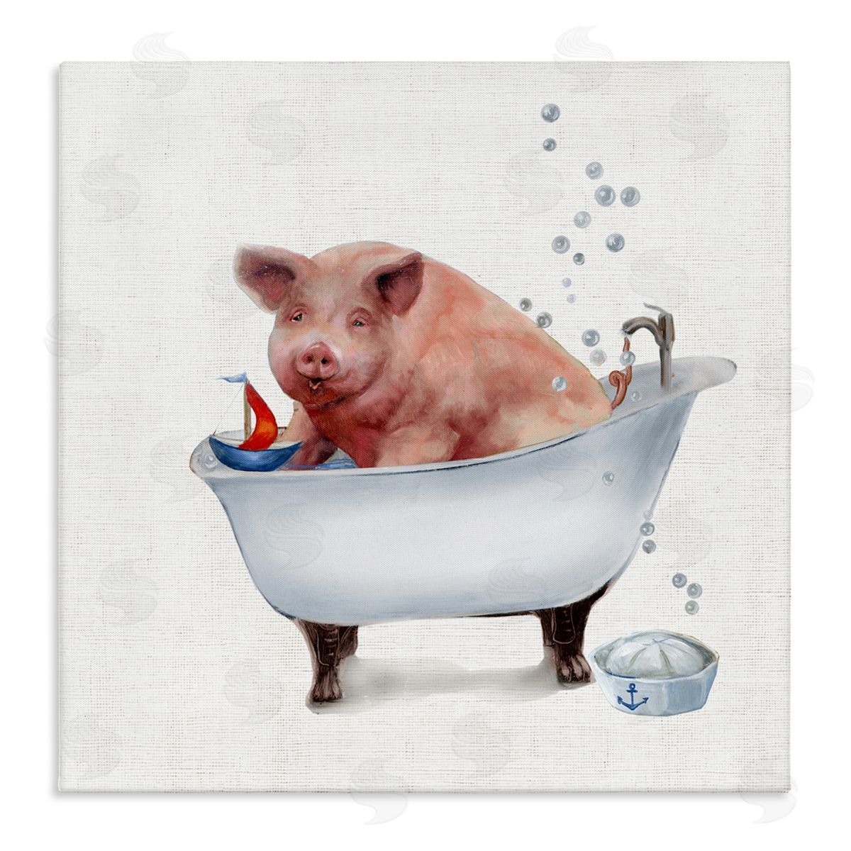 Donna Brooks Large Farm Pig in Bathtub Sailors Hat Bubbles Stretched Canvas Wall Art Print