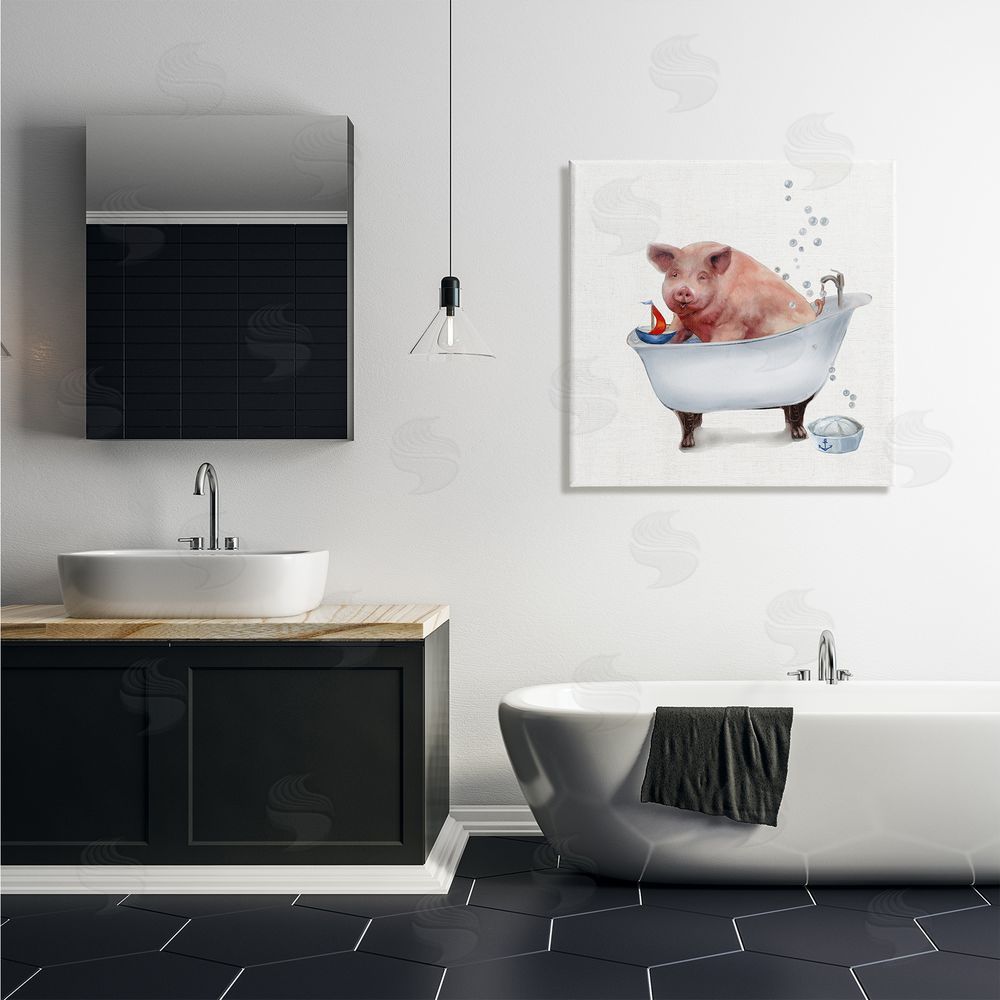 Donna Brooks Large Farm Pig in Bathtub Sailors Hat Bubbles Canvas Wall Art in Room