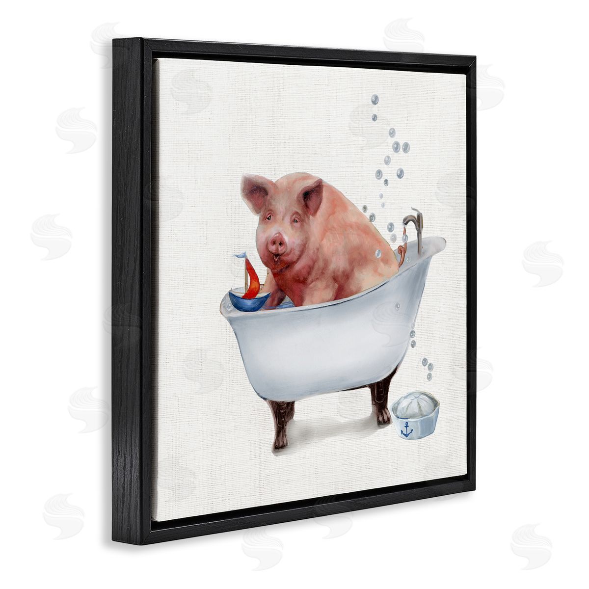 Donna Brooks Large Farm Pig in Bathtub Sailors Hat Bubbles Black Floating Frame Canvas Wall Art Print