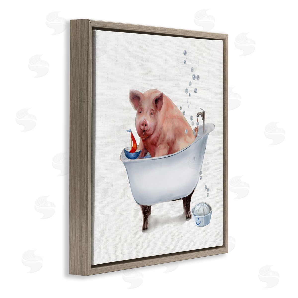 Donna Brooks Large Farm Pig in Bathtub Sailors Hat Bubbles Brown Floating Frame Canvas Wall Art Print