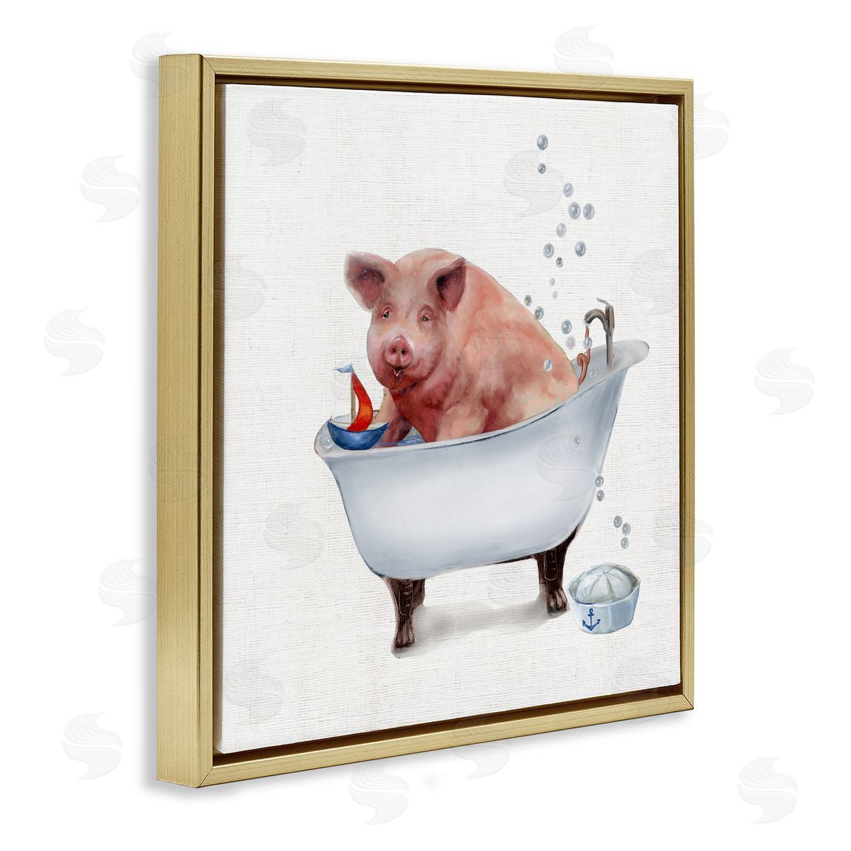 Donna Brooks Large Farm Pig in Bathtub Sailors Hat Bubbles Gold Floating Frame Canvas Wall Art Print