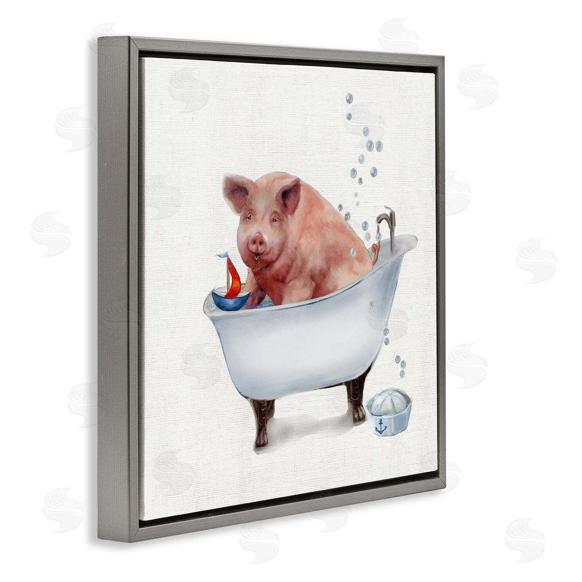 Donna Brooks Large Farm Pig in Bathtub Sailors Hat Bubbles Gray Floating Frame Canvas Wall Art Print