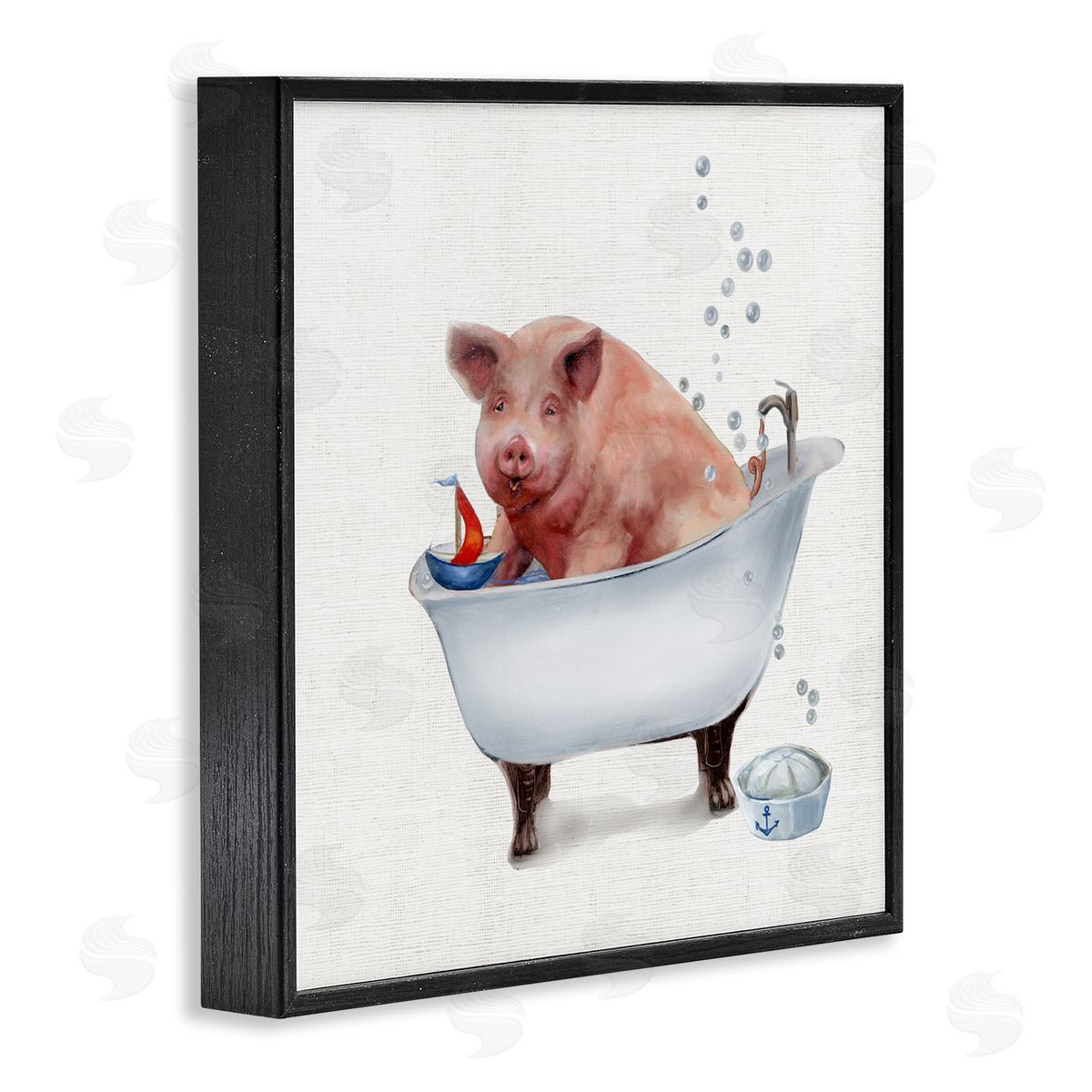 Donna Brooks Large Farm Pig in Bathtub Sailors Hat Bubbles Black Framed Glicee Wall Art Print