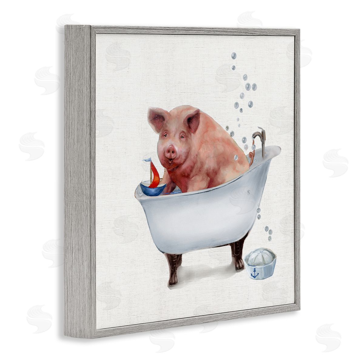 Donna Brooks Large Farm Pig in Bathtub Sailors Hat Bubbles Gray Framed Glicee Wall Art Print
