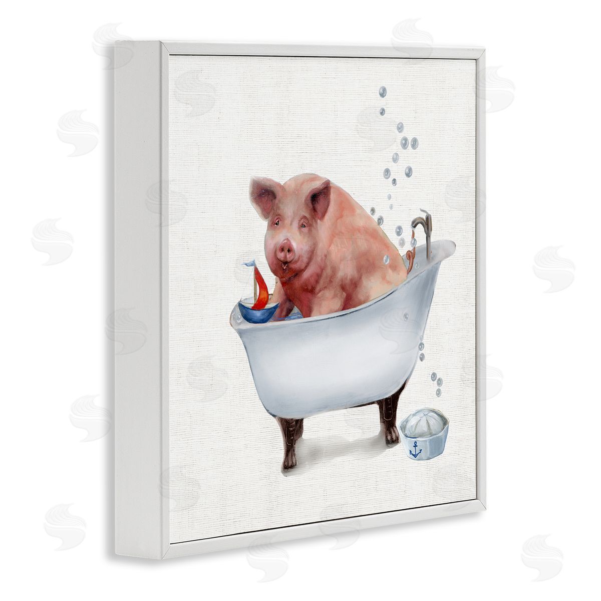 Donna Brooks Large Farm Pig in Bathtub Sailors Hat Bubbles White Framed Glicee Wall Art Print