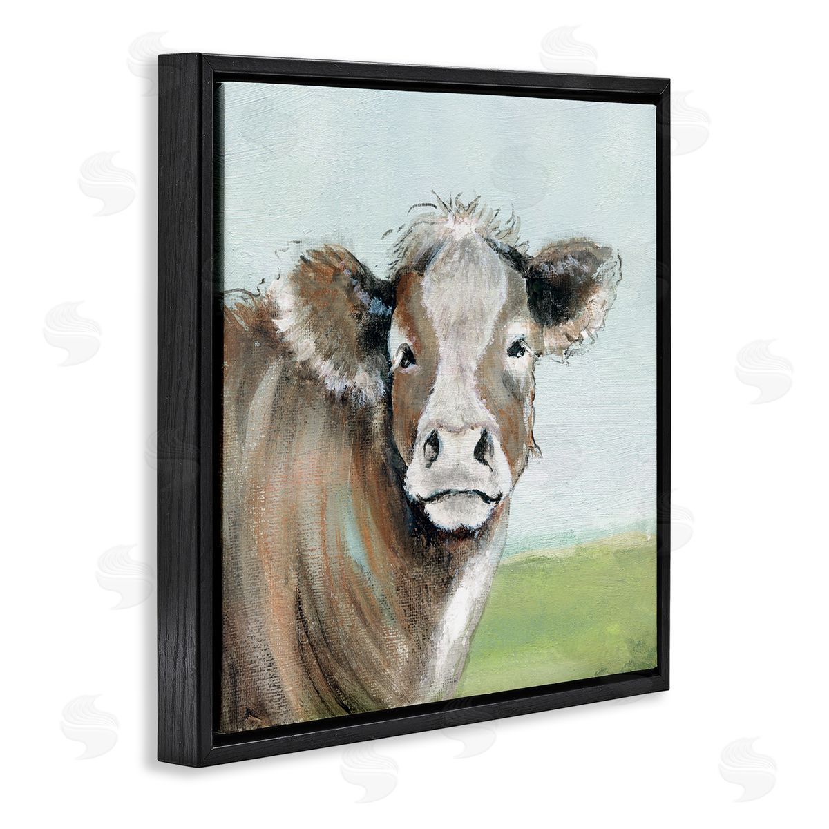 Janet Tava Cow Gazing Farm Pasture Clear Blue Sky Black Floating Frame Canvas Wall Art Print