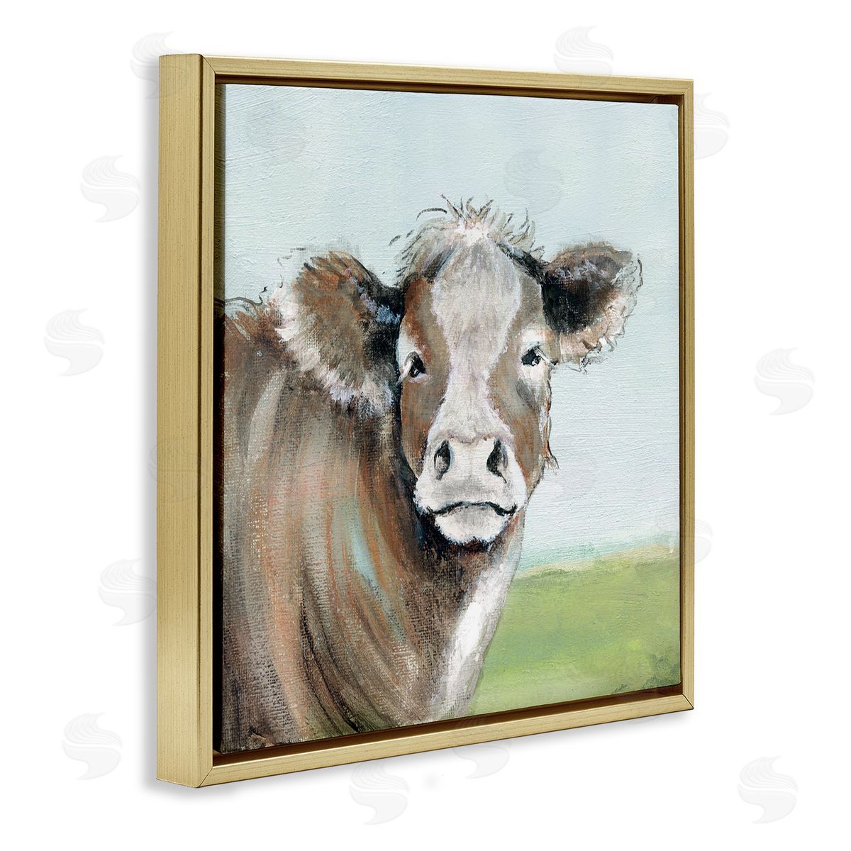 Janet Tava Cow Gazing Farm Pasture Clear Blue Sky Gold Floating Frame Canvas Wall Art Print