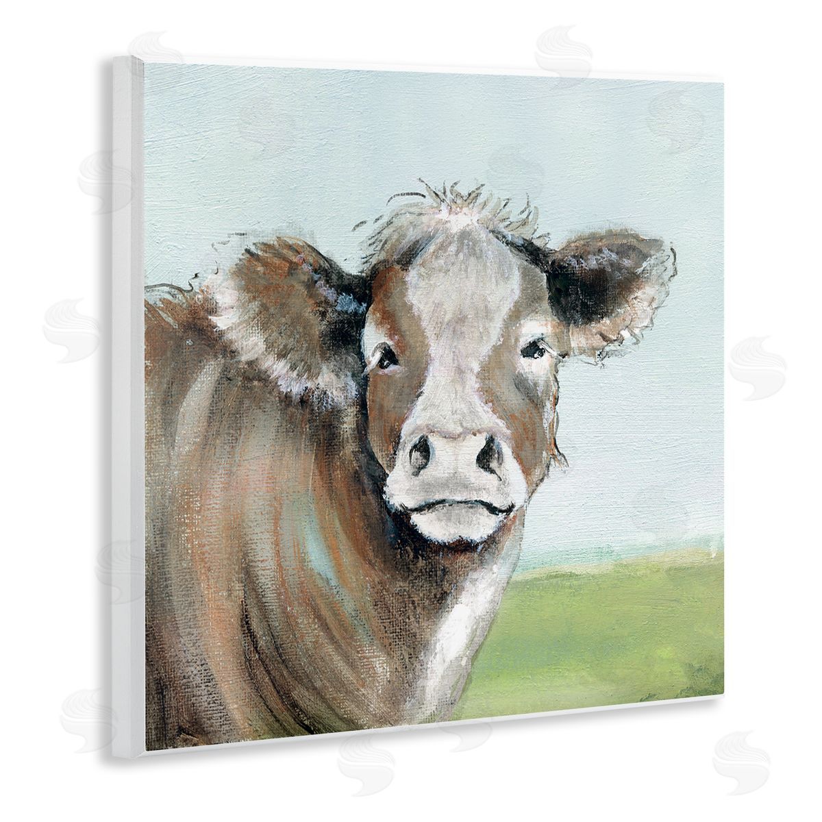 Janet Tava Cow Gazing Farm Pasture Clear Blue Sky Wooden Wall Plaque Art Print