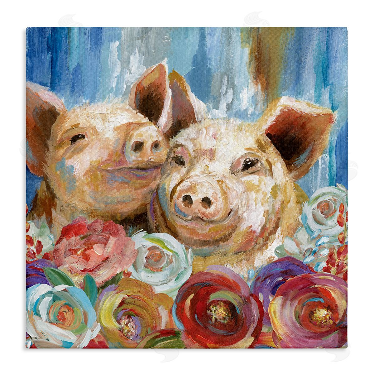 Nan Contemporary Farm Pig Couple Soft Petal Florals Stretched Canvas Wall Art Print