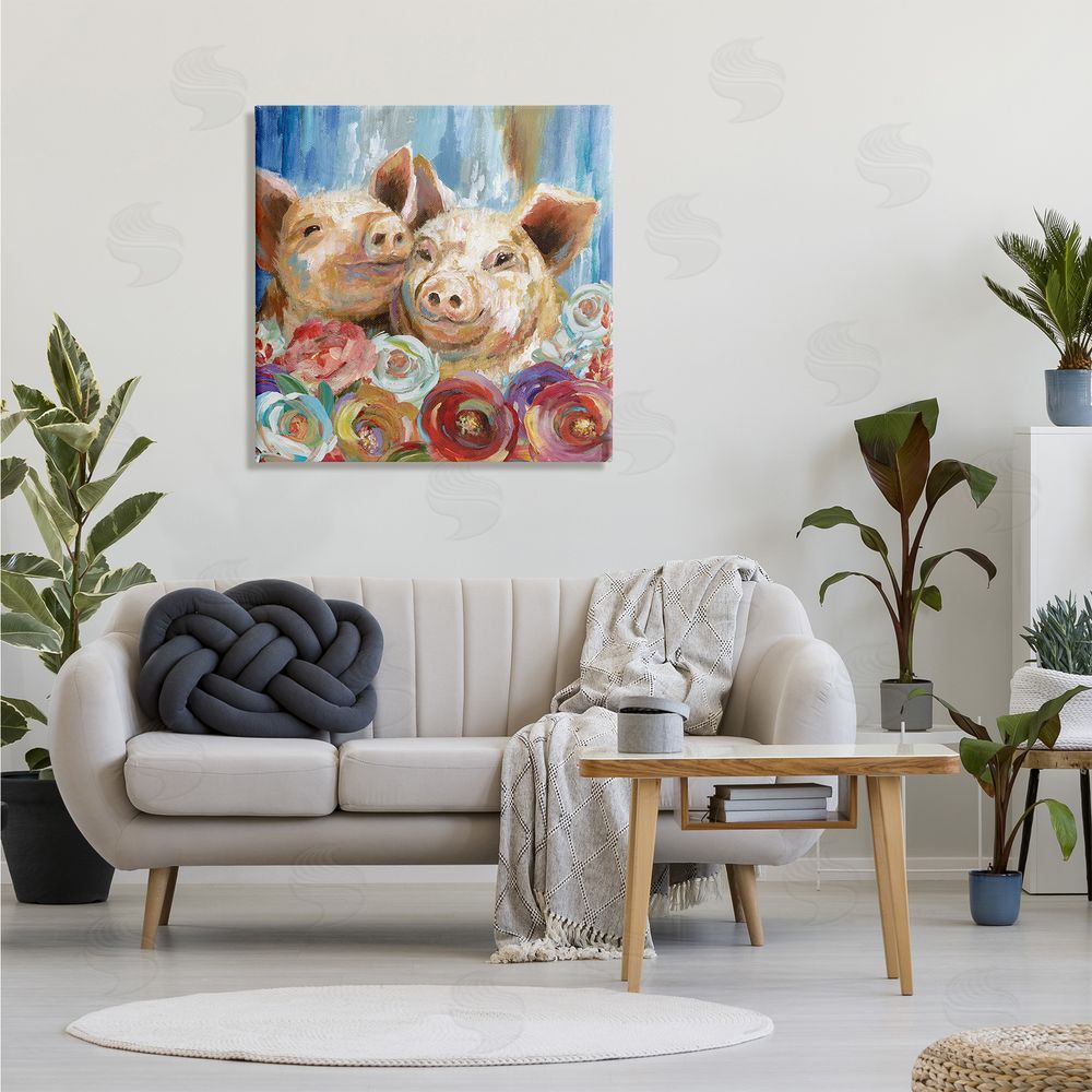 Nan Contemporary Farm Pig Couple Soft Petal Florals Canvas Wall Art in Room