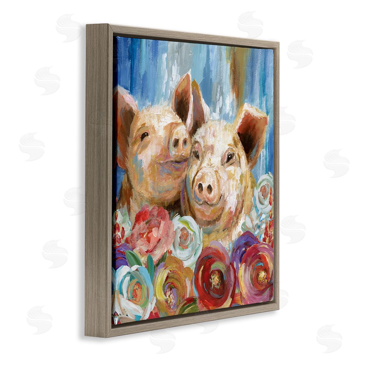 Nan Contemporary Farm Pig Couple Soft Petal Florals Brown Floating Frame Canvas Wall Art Print