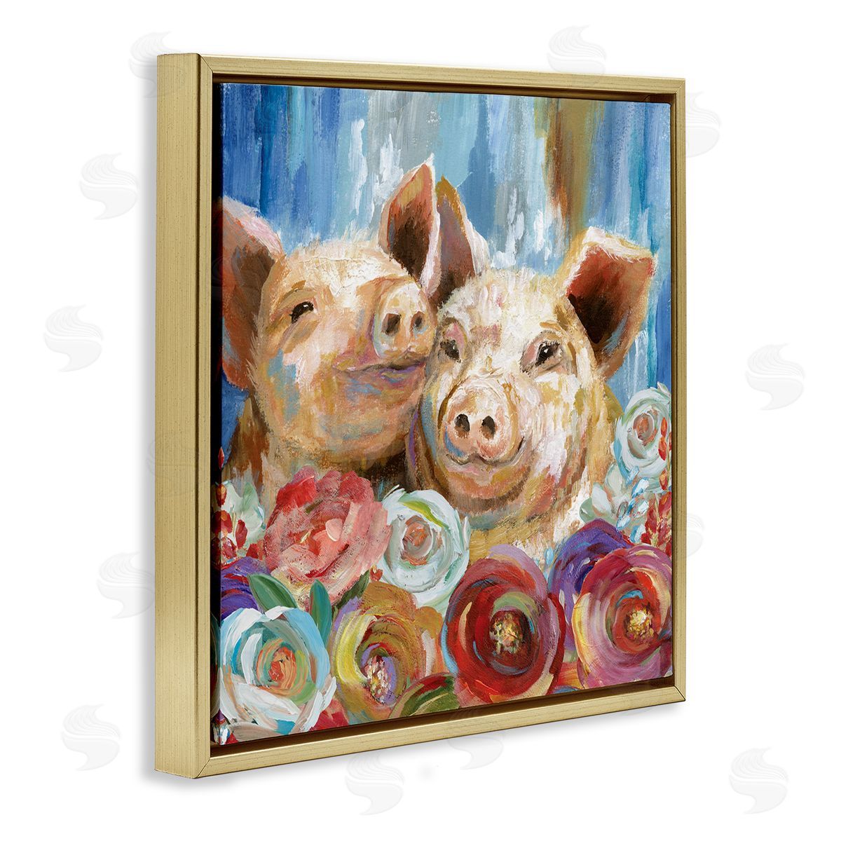Nan Contemporary Farm Pig Couple Soft Petal Florals Gold Floating Frame Canvas Wall Art Print
