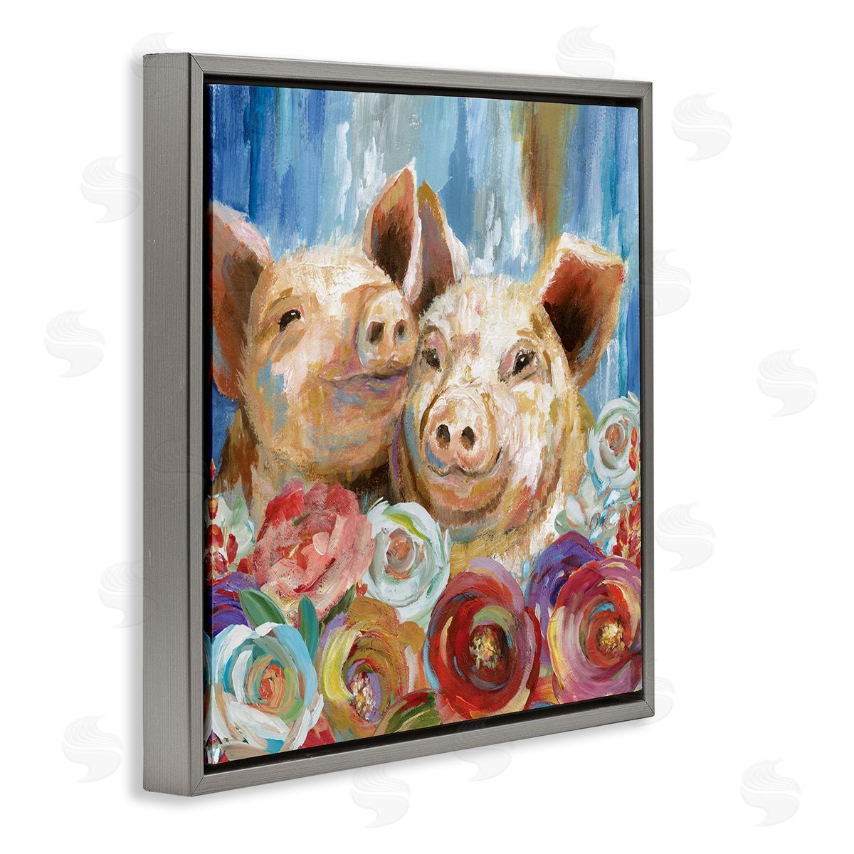 Nan Contemporary Farm Pig Couple Soft Petal Florals Gray Floating Frame Canvas Wall Art Print