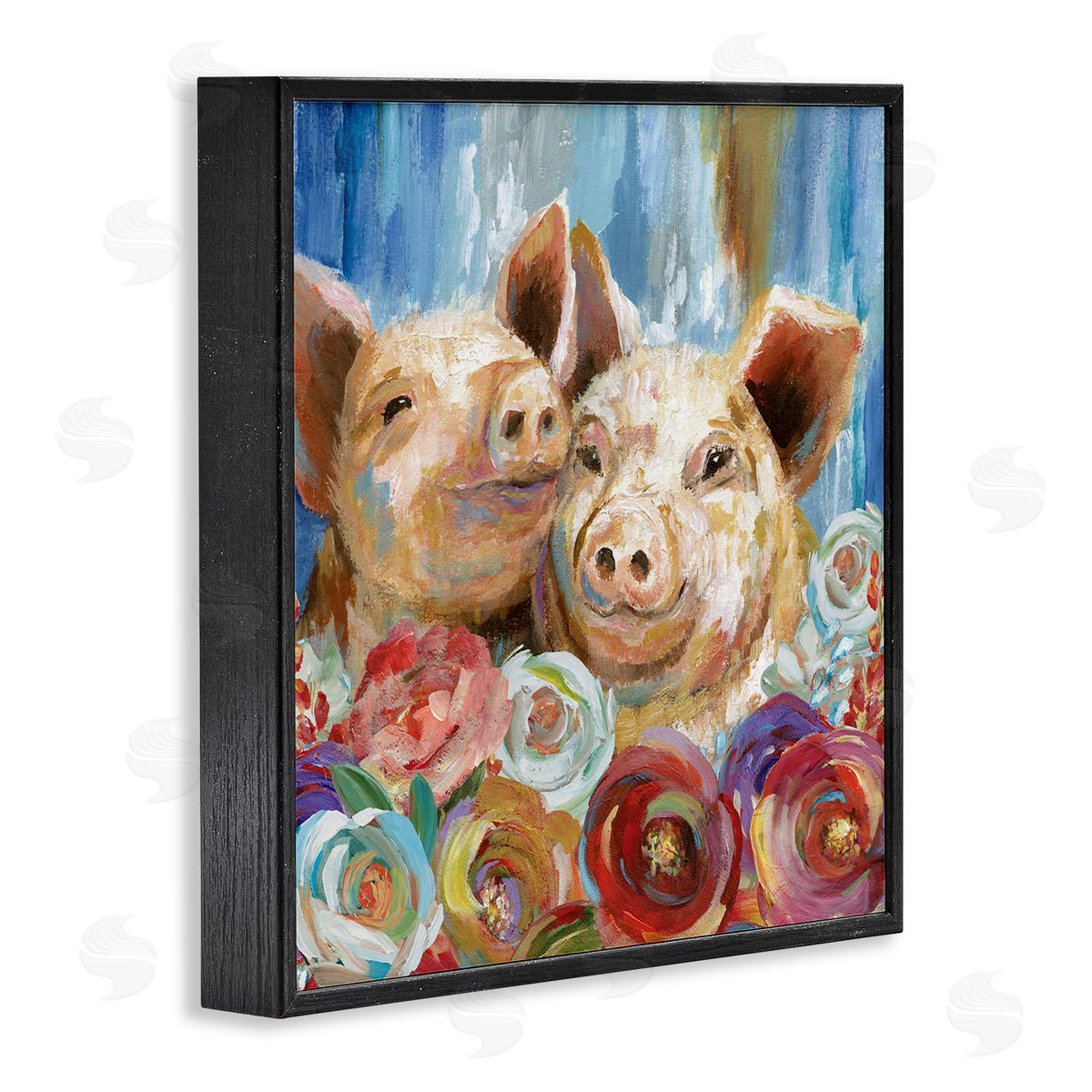 Nan Contemporary Farm Pig Couple Soft Petal Florals Black Framed Glicee Wall Art Print