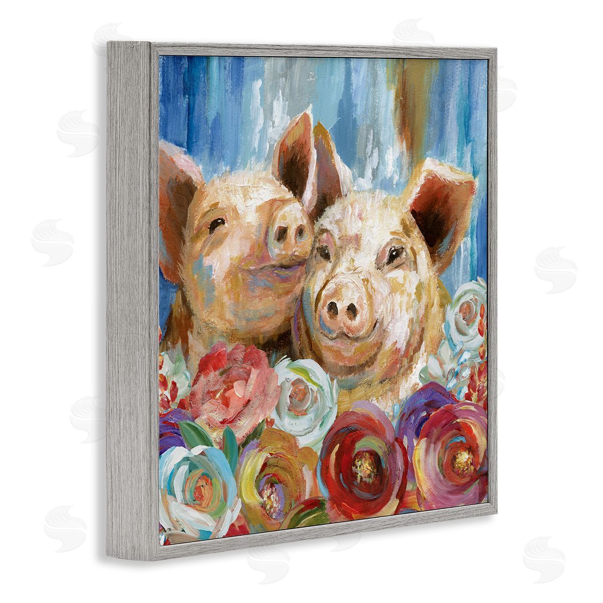 Nan Contemporary Farm Pig Couple Soft Petal Florals Gray Framed Glicee Wall Art Print