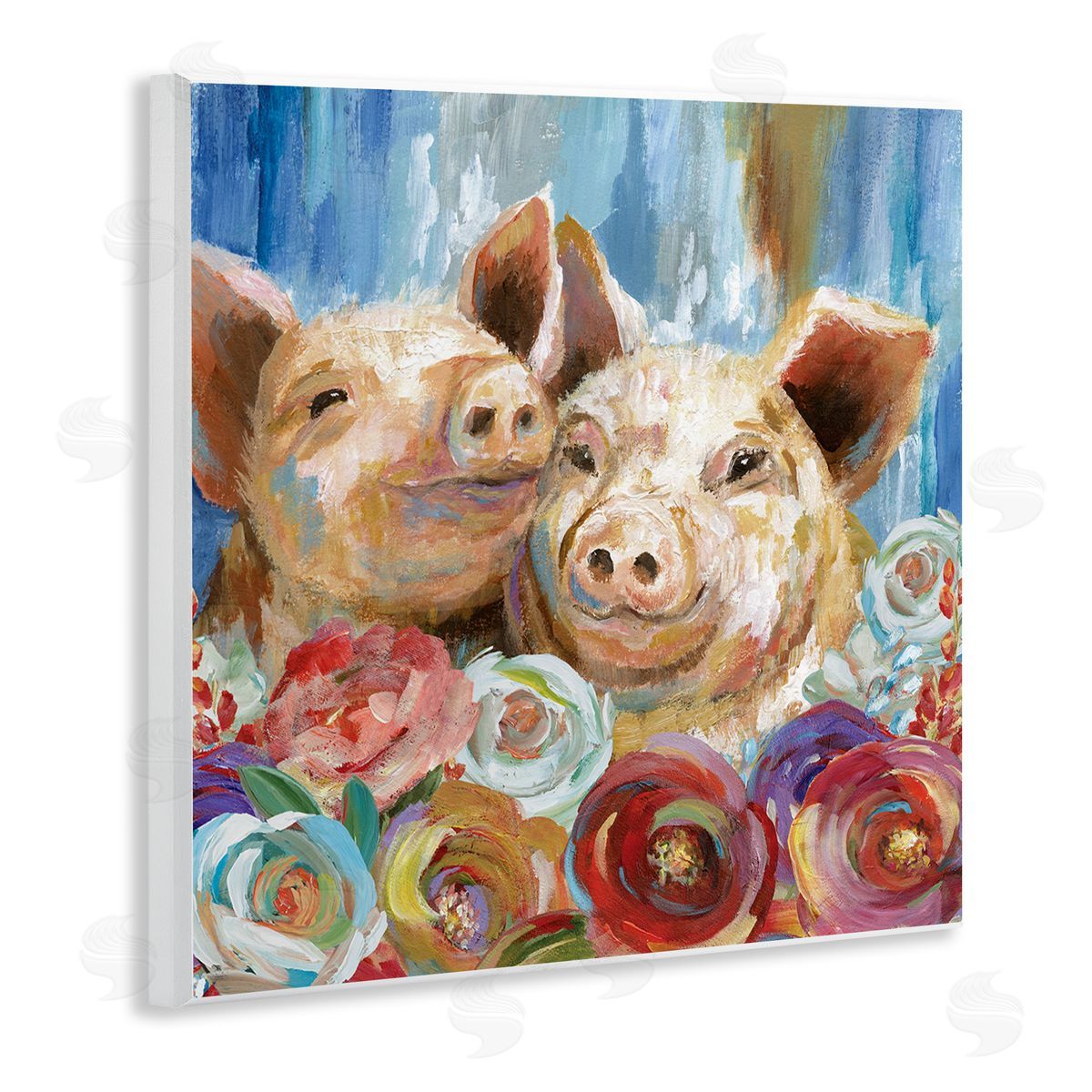Nan Contemporary Farm Pig Couple Soft Petal Florals Wooden Wall Plaque Art Print
