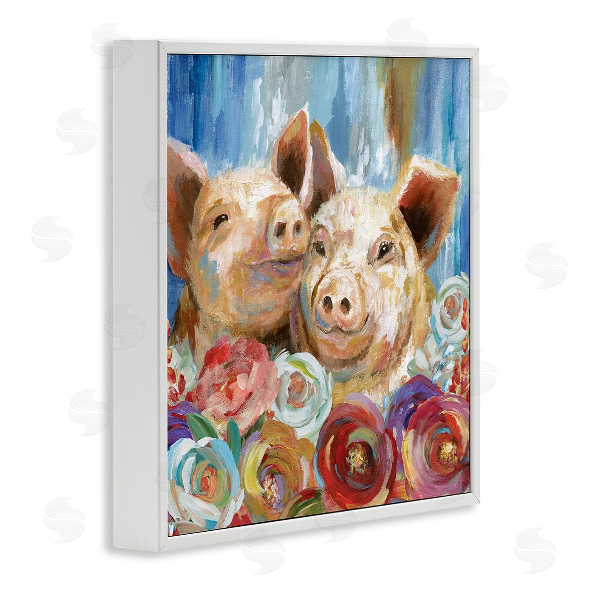 Nan Contemporary Farm Pig Couple Soft Petal Florals White Framed Glicee Wall Art Print