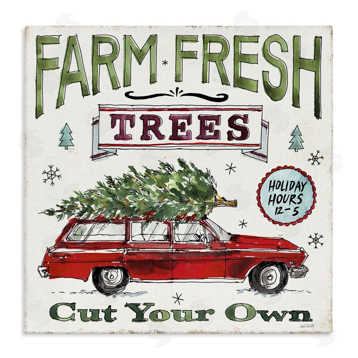 Anne Tavoletti Farm Fresh Trees Vintage Christmas Advertisement Station Wagon Stretched Canvas Wall Art Print