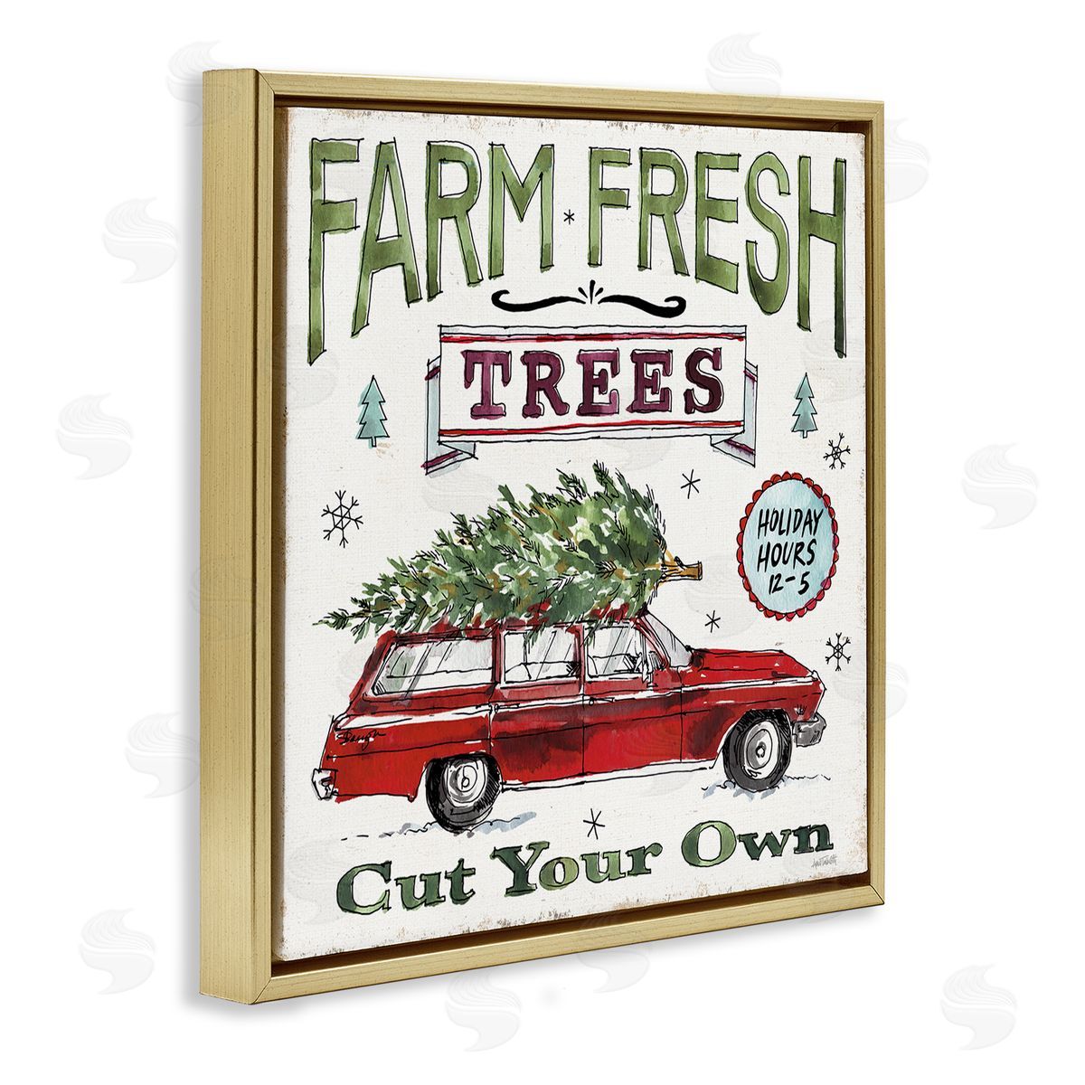 Anne Tavoletti Farm Fresh Trees Vintage Christmas Advertisement Station Wagon Gold Floating Frame Canvas Wall Art Print